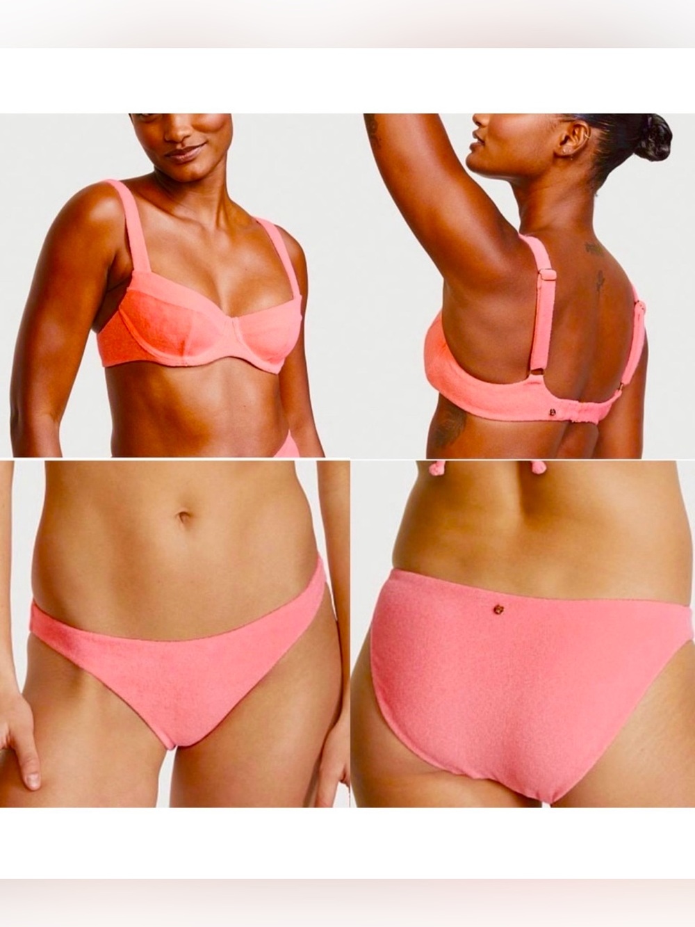 VICTORIAS SECRET CHEEKY PEACH PINK KNOCKOUT TERRY BIKINI TOP BOTTOM ST 36DDD 36E